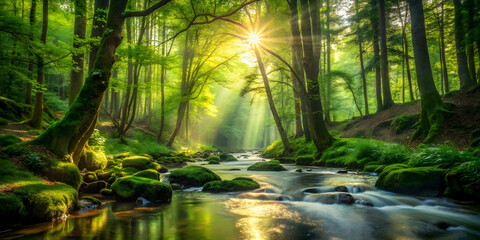 Emerald Serenity: Sunbeams dance upon a pristine forest stream, painting the mossy rocks and verdant canopy in hues of gold and green. 