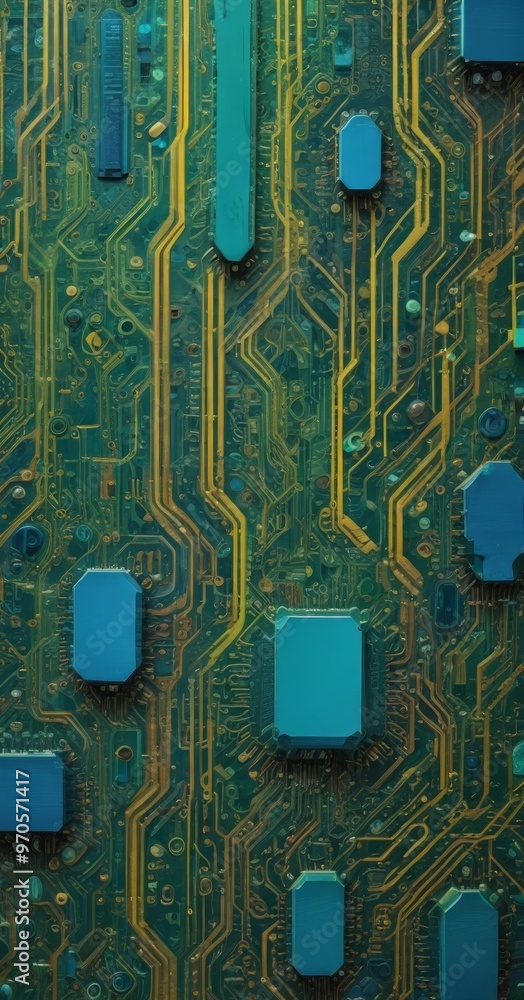 Aufkleber a close-up view of a circuit board with various electronic components, including a central processor, connected by a network of yellow and green wires.