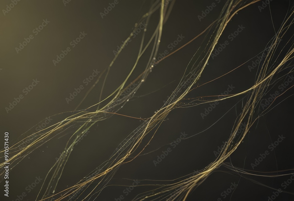 Poster a close-up view of a spider web, with numerous strands of silk extending diagonally across the frame. The web appears to be made of a dark material, possibly silk, and the