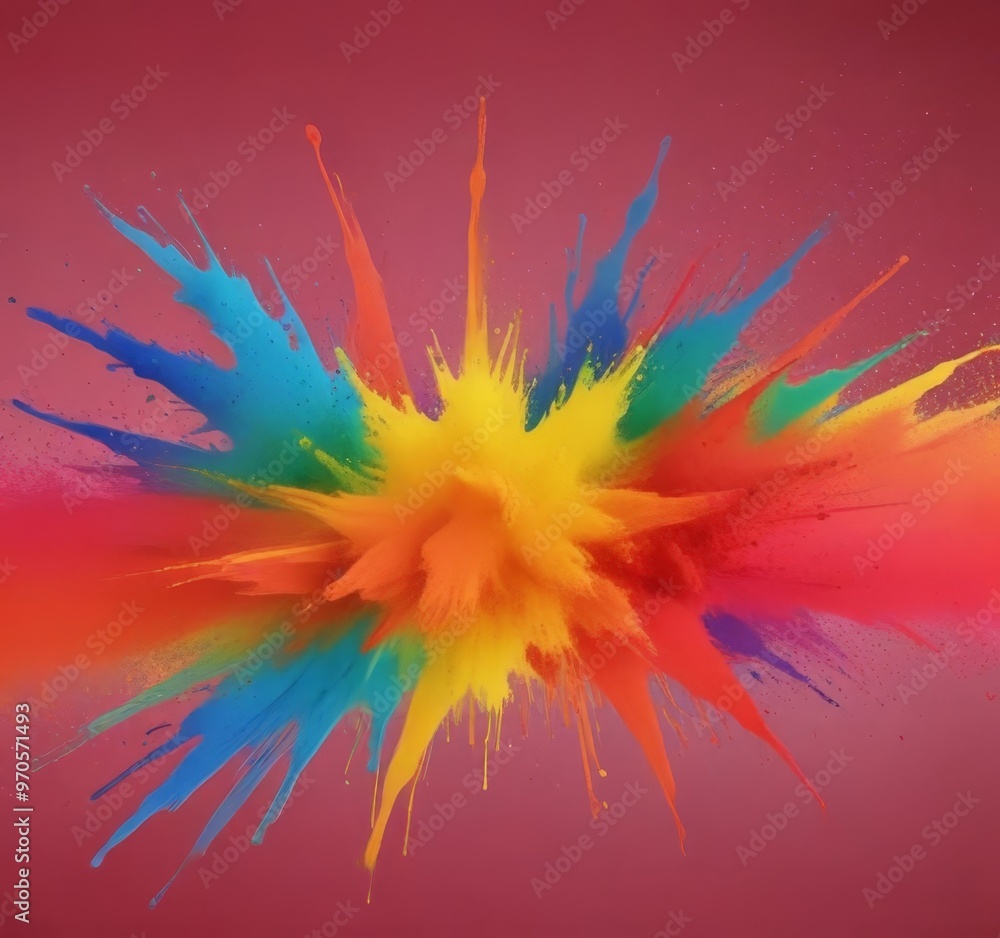 Poster a vibrant explosion of colorful paint splatters against a deep red background.