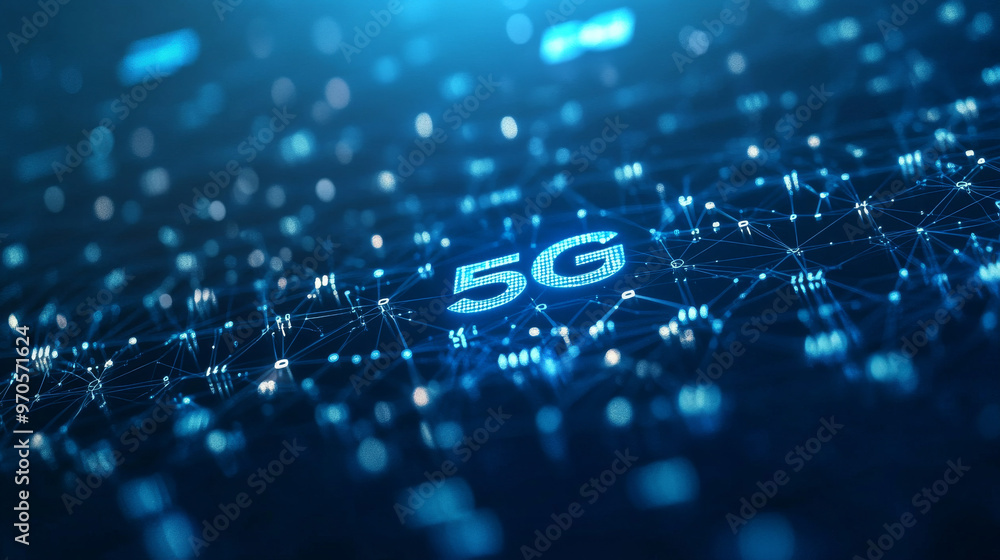Poster the image shows a 5g symbol formed by digital numbers connected together on a blue background. this 