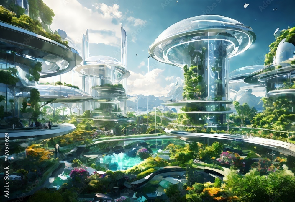 Poster a futuristic cityscape with towering glass domes and structures, surrounded by lush greenery and a t
