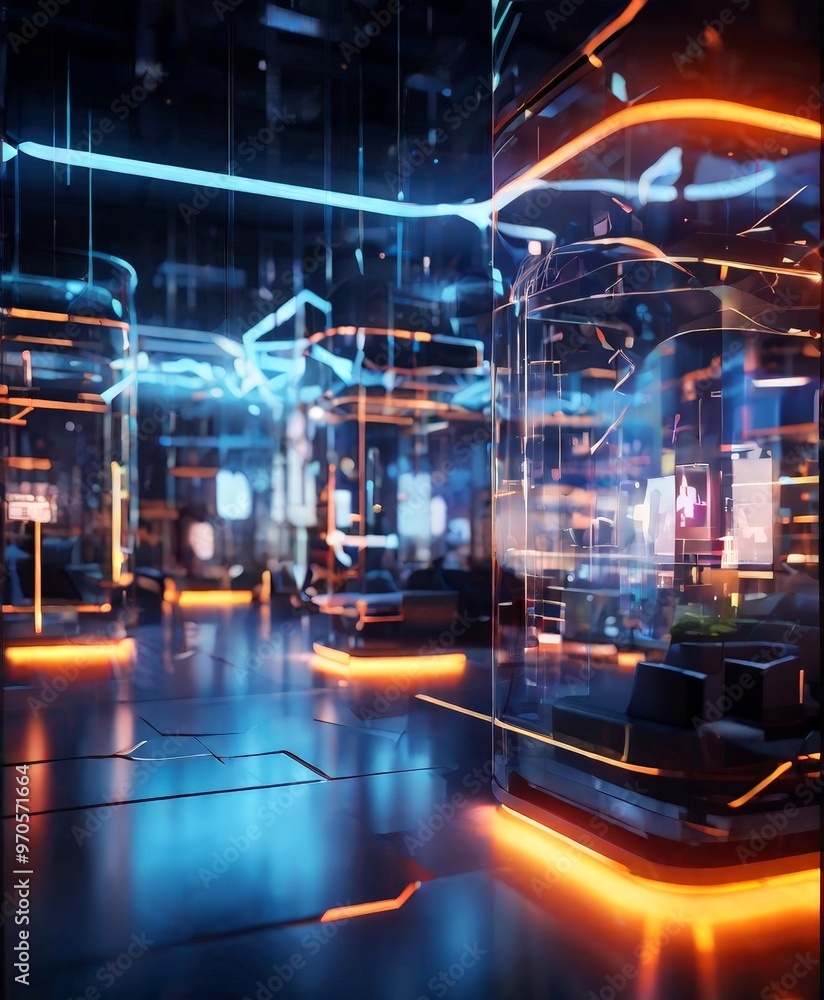Poster a futuristic, high-tech room with a sleek, angular design. the room features a mix of glass and meta