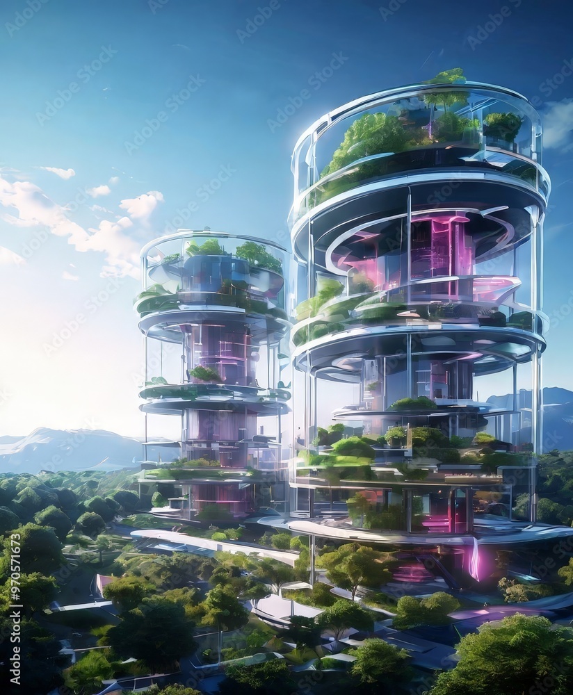 Aufkleber a futuristic cityscape with two towering structures, each adorned with a lush, verdant garden. the c
