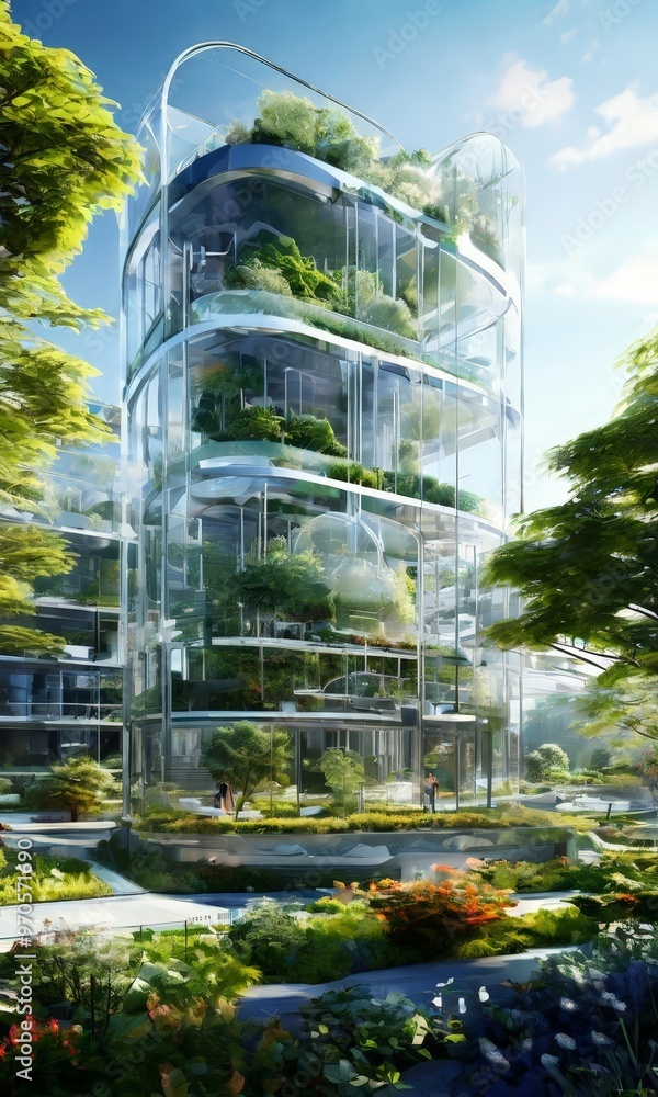 Poster a futuristic architectural design with a curved glass facade, multiple levels of greenery, and a gar