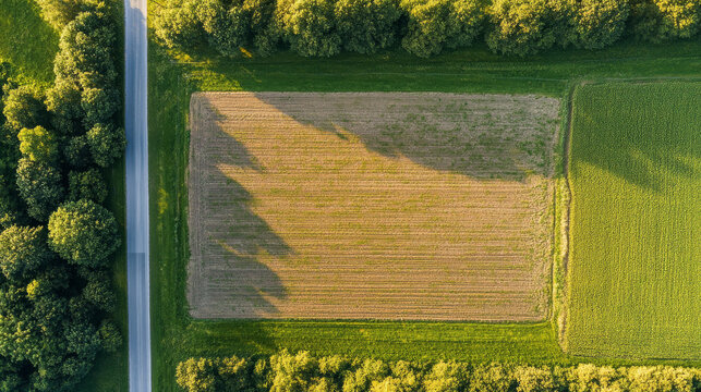 This is an aerial picture of a piece of land. We need to find the symbol that shows the empty part of this land. This land could be used to build homes, businesses, or for other purposes.