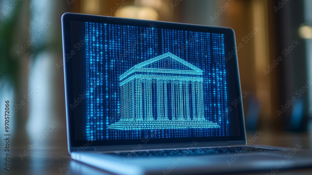 Poster the image shows a laptop screen with a bank building.the building is made of numbers, like a digital