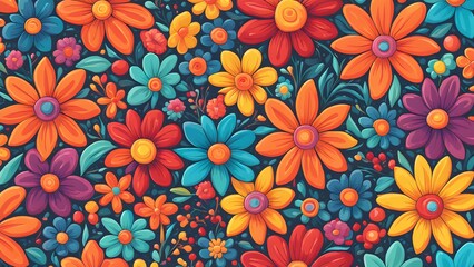 A seamless pattern of colorful cartoon flowers on a dark background.