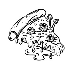 Halloween coloring page for pizza with eyes and fly agarics
