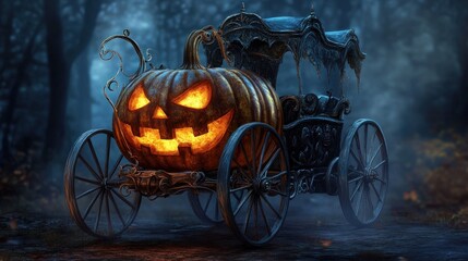 Fototapeta premium A spooky, glowing jack-o'-lantern pumpkin carriage in a dark forest.
