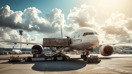 Obraz premium A large cargo plane is currently being loaded at the airport. Air cargo logistic containers