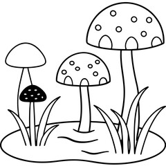 mushrooms and pond outline coloring book page line art drawing
