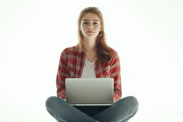 Naklejka premium Happy relax time , young woman using laptop sitting on white background