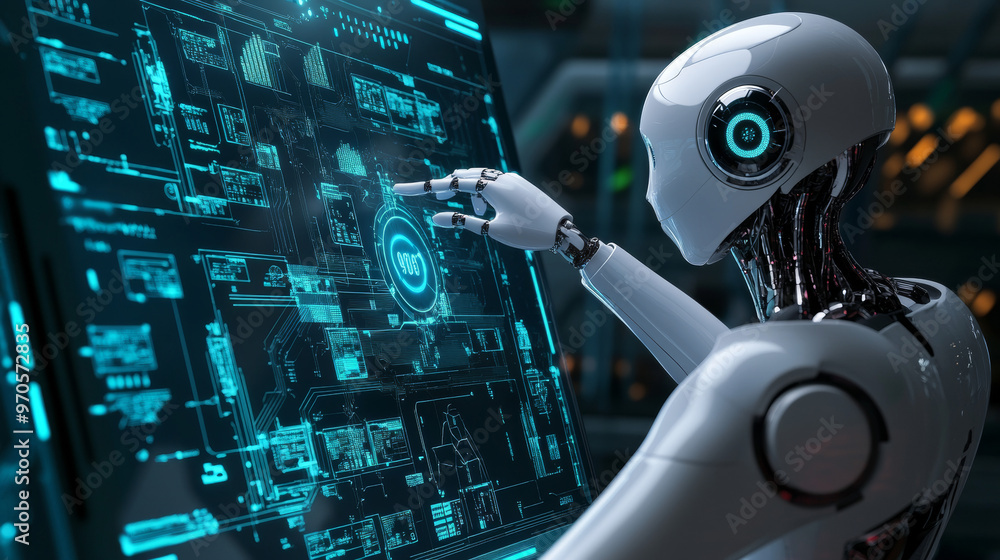 Poster the robot,powered by artificial intelligence, stands facing away from us.it's using a 3d virtual scr