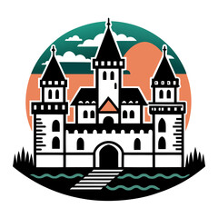 Fototapeta premium Stylized fairytale castle in circular frame t-shirt print