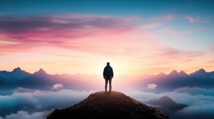 Obraz premium A traveler looking out at a breathtaking landscape, emphasizing the beauty and adventure of discovering new places.