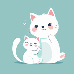 Fototapeta premium A cartoon cat and kitten are sitting together on a green background. The kitten is looking up at the mother cat, who is smiling. Concept of warmth and affection between the two cats