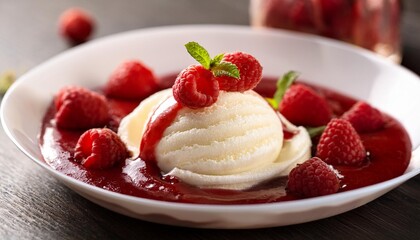 Creamy ice cream scoops topped with fresh raspberries, blueberries, and a red berry sauce