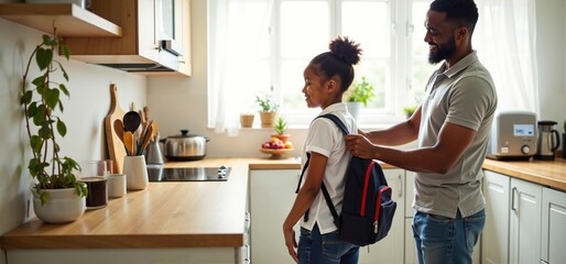 Fototapeta premium Caring African American Dad Assisting Young Daughter to Prepare for a School Day