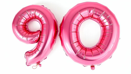 A large helium balloon in the shape of the number 90, white background