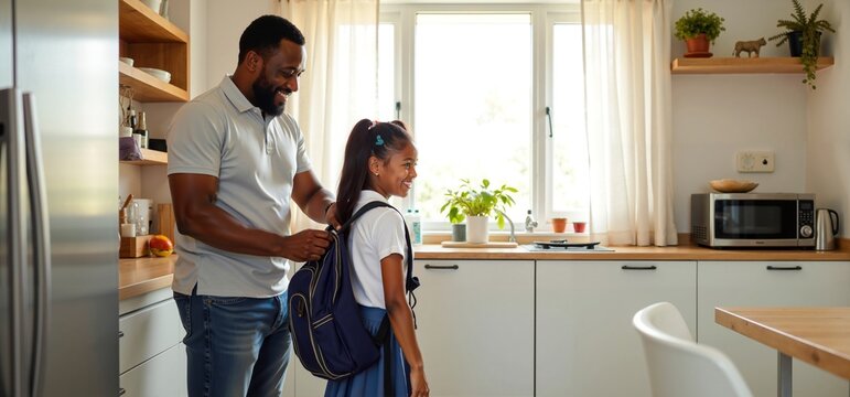 Caring African American Dad Assisting Young Daughter to Prepare for a School Day