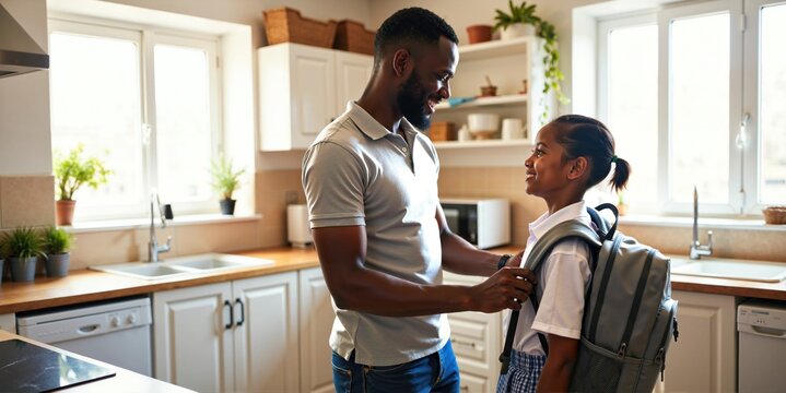Caring African American Dad Assisting Young Daughter to Prepare for a School Day