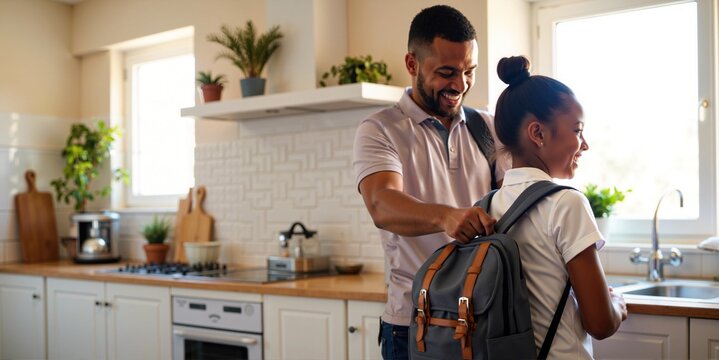 Caring African American Dad Assisting Young Daughter to Prepare for a School Day