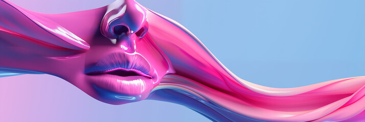 Glossy lips in a wavy sculpture against a vivid pink backdrop. Abstract face for presentation of cosmetic procedures. Cosmetology concept
