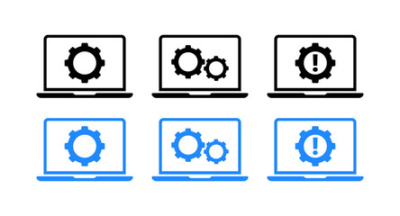 Laptop loading set icons. Silhouette and flat style. Vector icons.