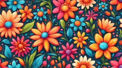 Colorful, vibrant, and whimsical floral seamless pattern with bright blooms, leaves, and stems on a dark blue background.