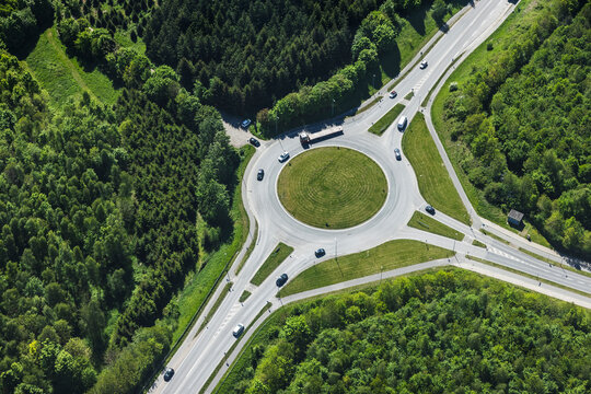 Rural round intersection in green landscape. Denmark