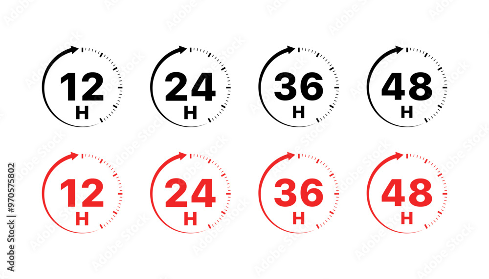 Poster 12 24 36 48 hours set icons. timer icons. flat and linear style. vector icons.