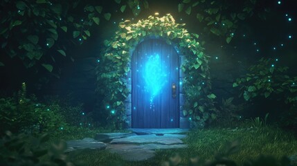 Cartoon fantasy portal door in shadowy forest with bright blue fairy light casting magical glow.