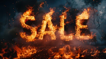 Sizzling SALE sign made of fire in a dark outdoor scene, emphasizing hot deals and discounts with dramatic flames and smokey background