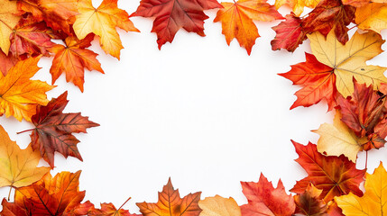 Colorful autumn leaves forming a frame around a white background, including vibrant orange, red, and yellow maple leaves