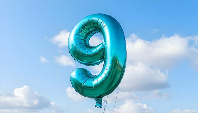 A large helium balloon in the shape of the number 9 - Powered by Adobe