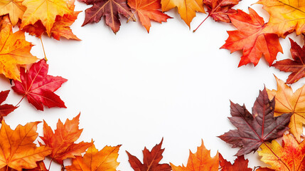 Fototapeta premium Colorful autumn leaves forming a frame around a white background, including vibrant orange, red, and yellow maple leaves