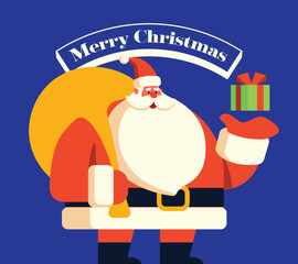 Merry Christmas greeting A cute santa claus with present floating on his hand cartoon illustration