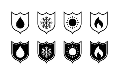 Protection from water, fire, snowflake and sun set icons. Linear and silhouette style. Vector icons.