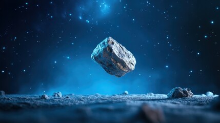 Obraz premium A giant, crystalline asteroid floats through the void of space, its surface shimmering with iridescent light, reflecting the beauty of the cosmos.