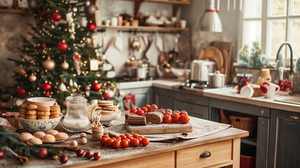 Rustic kitchen counter is filled with delicious christmas cookies pastries and ingredients, showcasing the warmth and joy of holiday baking. The decorated christmas tree adds a festive new year touch