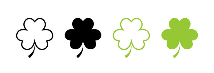 Naklejka premium Three leaf clover set icons. Linear, silhouette and flat style. Vector icons.