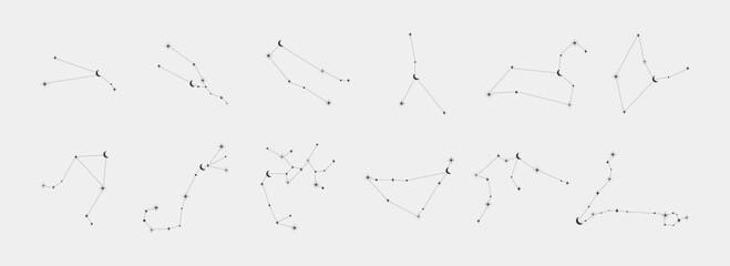 Set of 12 astrological zodiac signs with moon and stars. Mystical magical talisman tattoo, logo, poster, sticker. Boho illustration.