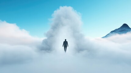 A lone figure, shrouded in swirling steam and fog, walks through a desolate landscape, symbolizing the loneliness and isolation of the human experience.