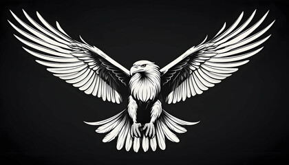 A striking white eagle silhouette, soaring in the air with wide, powerful wings against a sleek black background. The minimalist design is elegant and bold