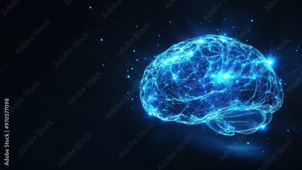 Poster glowing digital brain with neural network connections