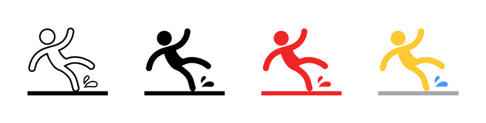 Slippery floor set icons. Linear, silhouette and flat style. Vector icons.