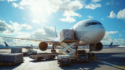 A large cargo plane is currently being loaded at the airport. Air cargo logistic containers