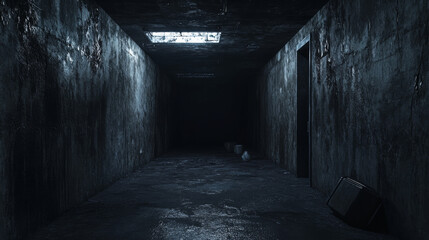This is a computer-generated image of a completely dark, empty room. The room has metal objects in...
