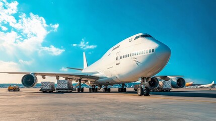 A large cargo plane is currently being loaded at the airport. Air cargo logistic containers